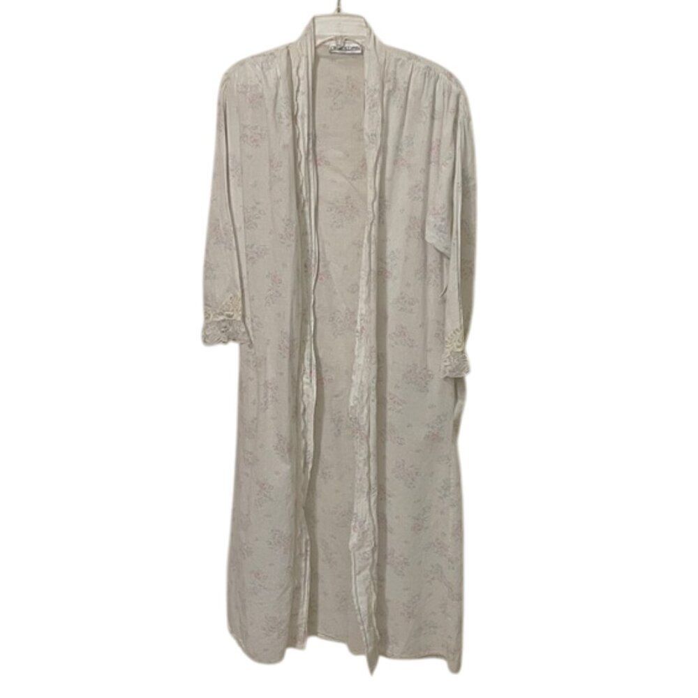 Carole Hochman Vintage White Floral Cotton Robe Womens Size Small USA Lace Trim